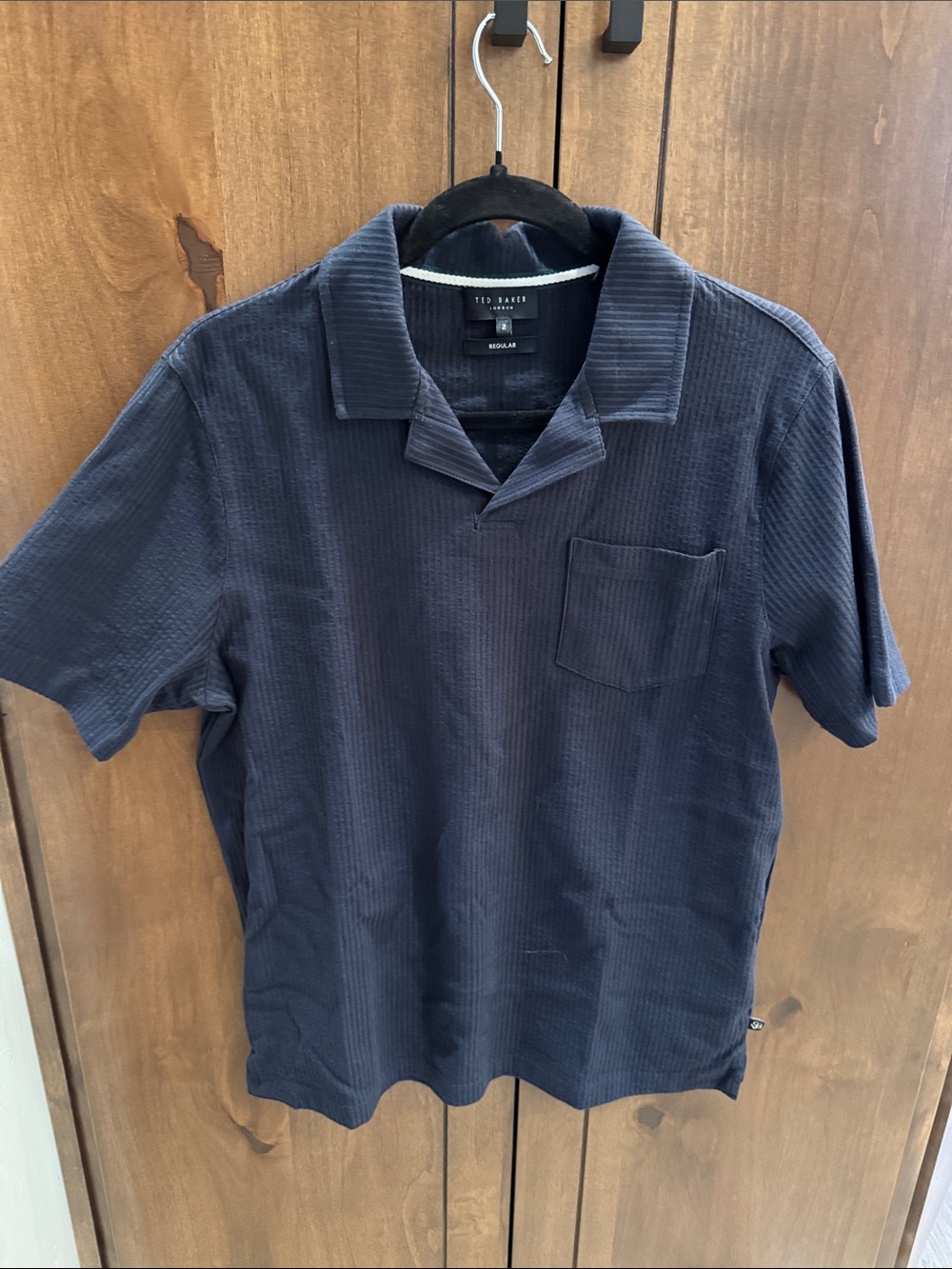 Ted Baker Men’s Navy Ribbed Textured Short-Sleeve Polo with Chest Pocket